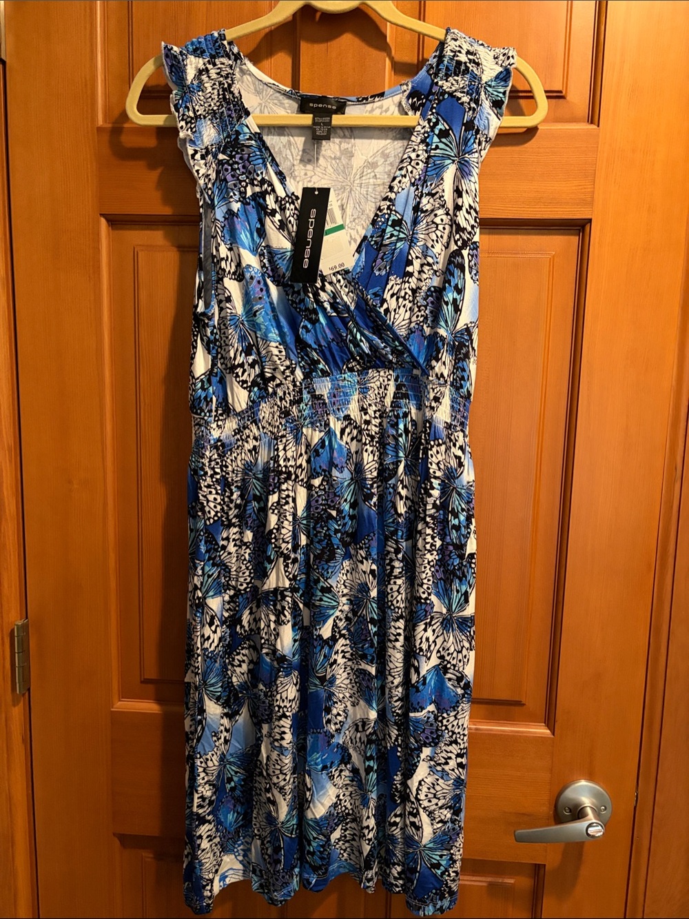 Spense Blue, White and Black Butterfly-Print Wrap Midi Dress